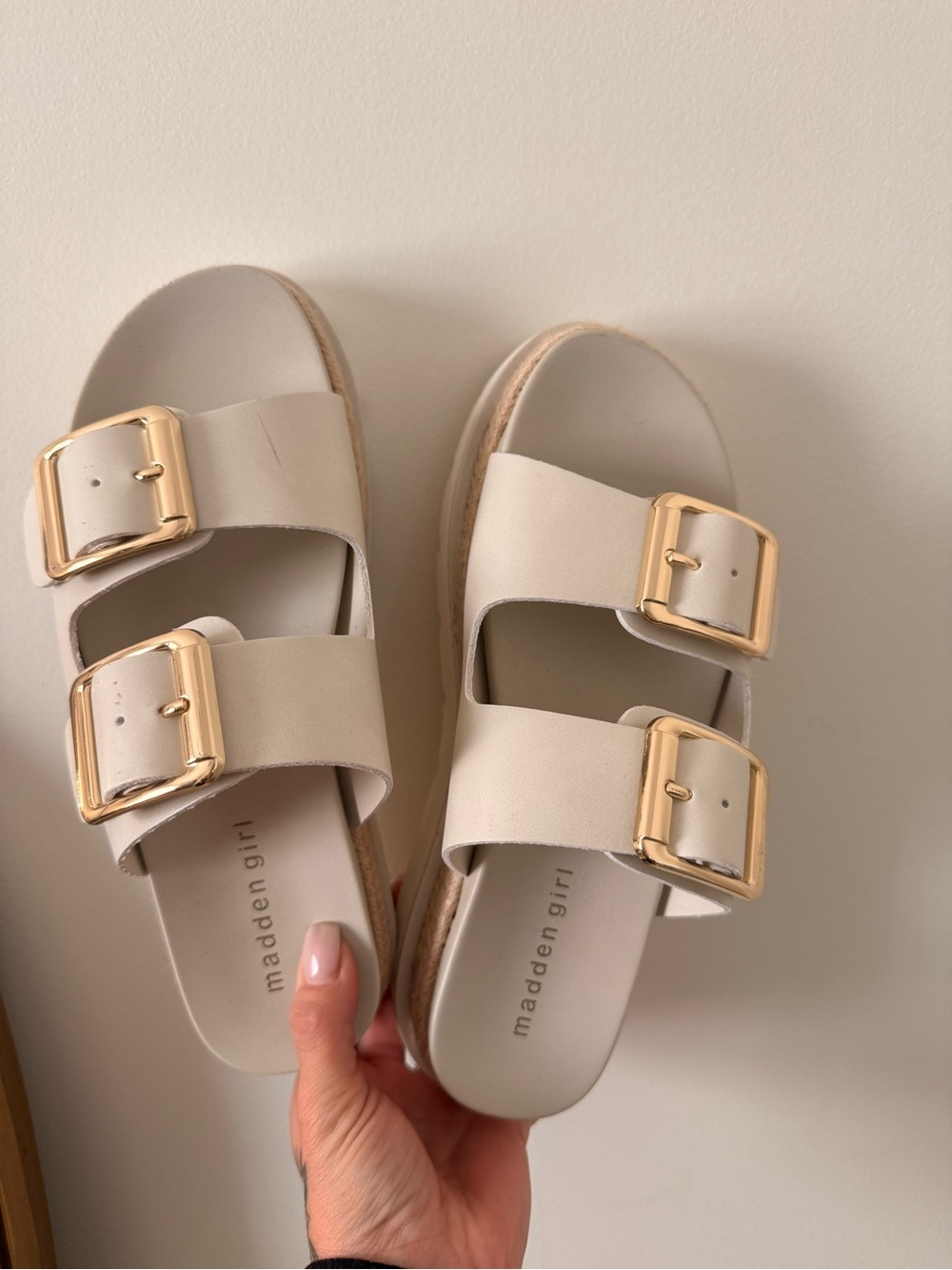 Madden Girl Beige Double-Buckle Slide Sandals